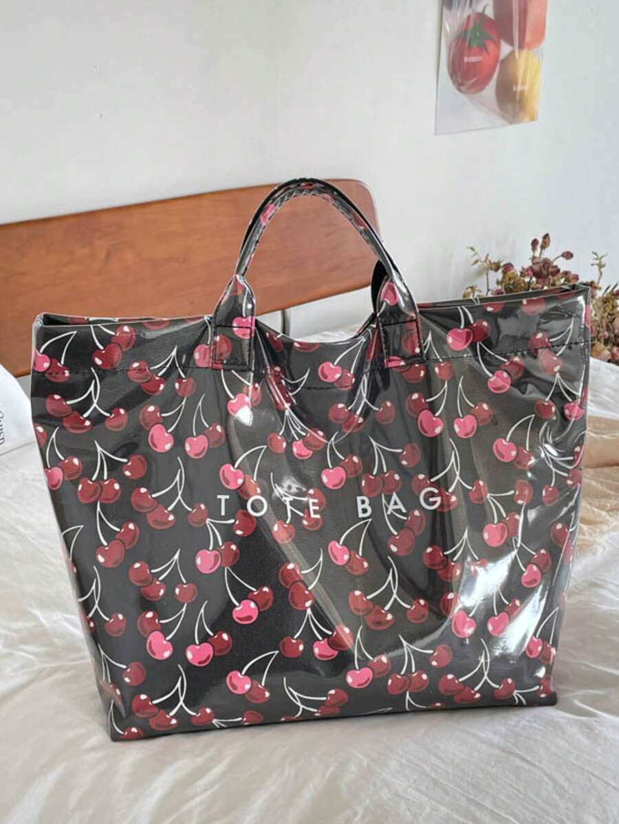 Dedoo Cherry Print Waterproof PVC Material Women's Tote Handbag Shoulder Bag, Large Capacity, Top Handle, Casual Commuter Style, Suitable For Shopping And Travel