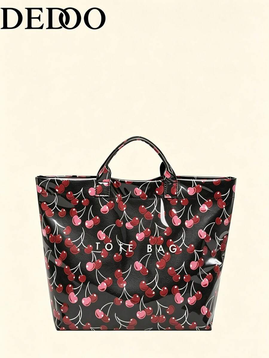 Dedoo Cherry Print Waterproof PVC Material Women's Tote Handbag Shoulder Bag, Large Capacity, Top Handle, Casual Commuter Style, Suitable For Shopping And Travel