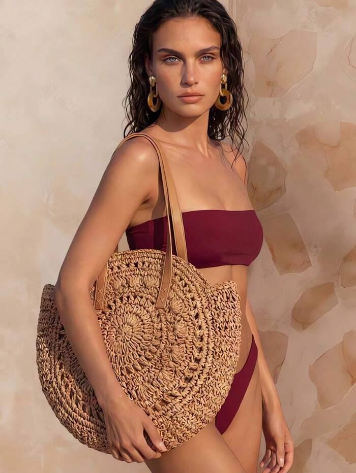 Classic Woven Bag Women's Round Beach Shoulder Bag, Women's Straw Woven Bag