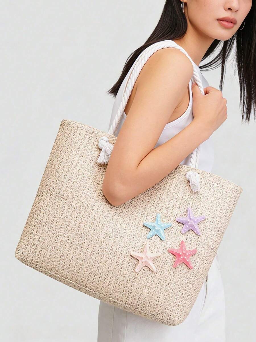 Women's Beach Tote Bag, Orchid And Starfish Decorated Straw Shoulder Bag, Suitable For Summer Vacation (Random Pendant Hook)