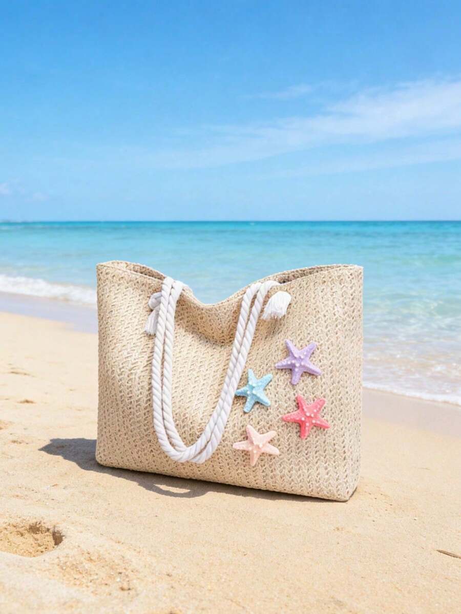 Women's Beach Tote Bag, Orchid And Starfish Decorated Straw Shoulder Bag, Suitable For Summer Vacation (Random Pendant Hook)