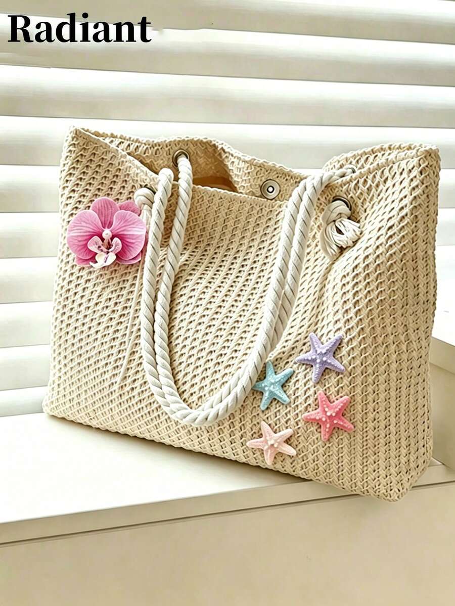 Women's Beach Tote Bag, Orchid And Starfish Decorated Straw Shoulder Bag, Suitable For Summer Vacation (Random Pendant Hook)