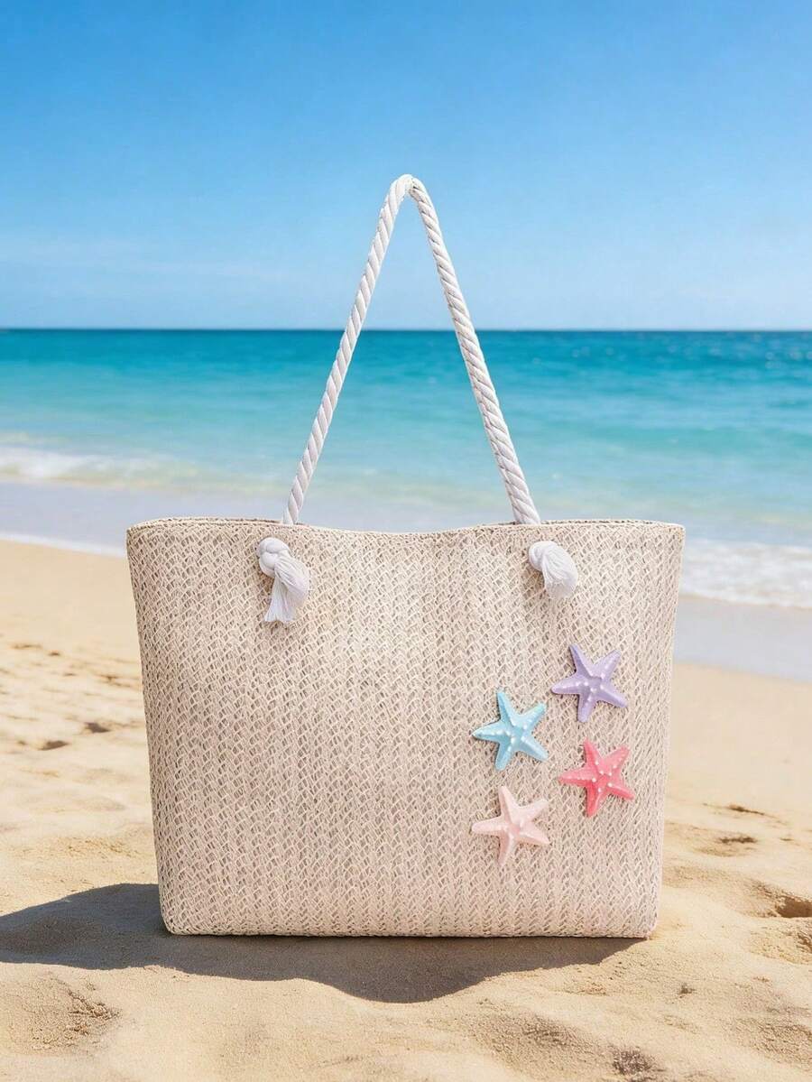 Women's Beach Tote Bag, Orchid And Starfish Decorated Straw Shoulder Bag, Suitable For Summer Vacation (Random Pendant Hook)