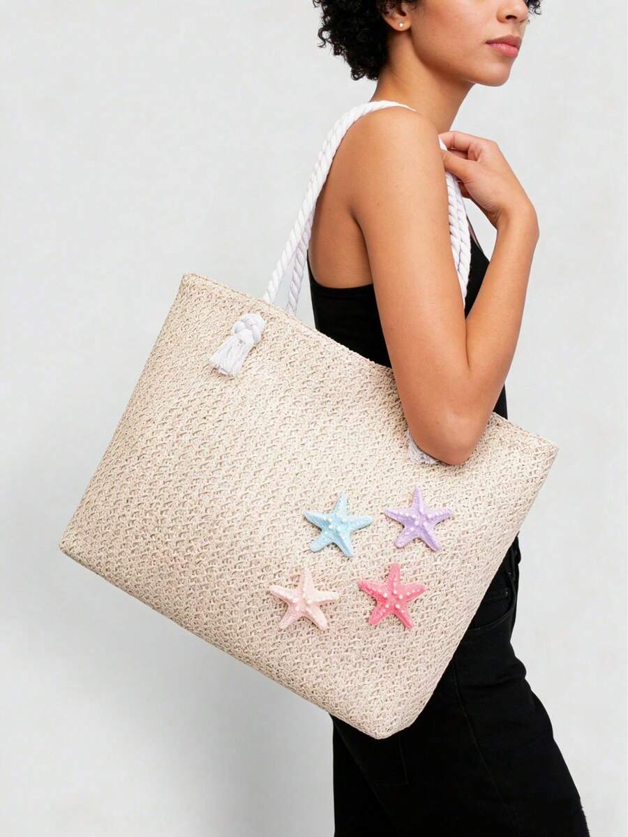 Women's Beach Tote Bag, Orchid And Starfish Decorated Straw Shoulder Bag, Suitable For Summer Vacation (Random Pendant Hook)