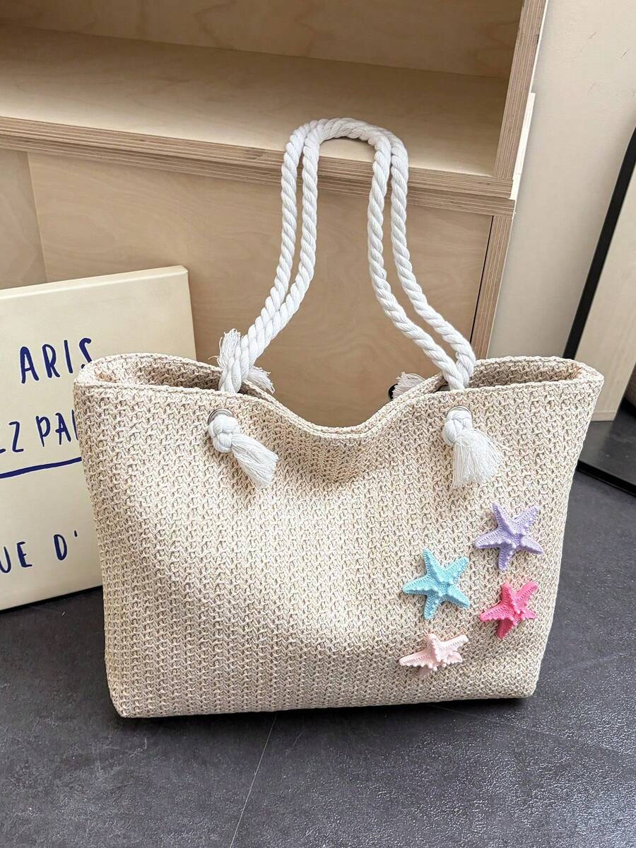 Women's Beach Tote Bag, Orchid And Starfish Decorated Straw Shoulder Bag, Suitable For Summer Vacation (Random Pendant Hook)