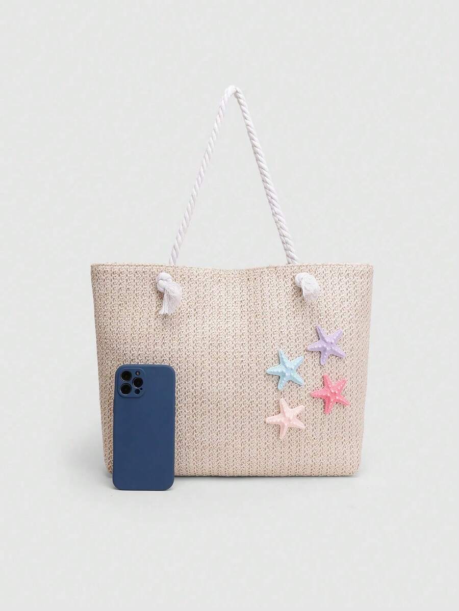 Women's Beach Tote Bag, Orchid And Starfish Decorated Straw Shoulder Bag, Suitable For Summer Vacation (Random Pendant Hook)