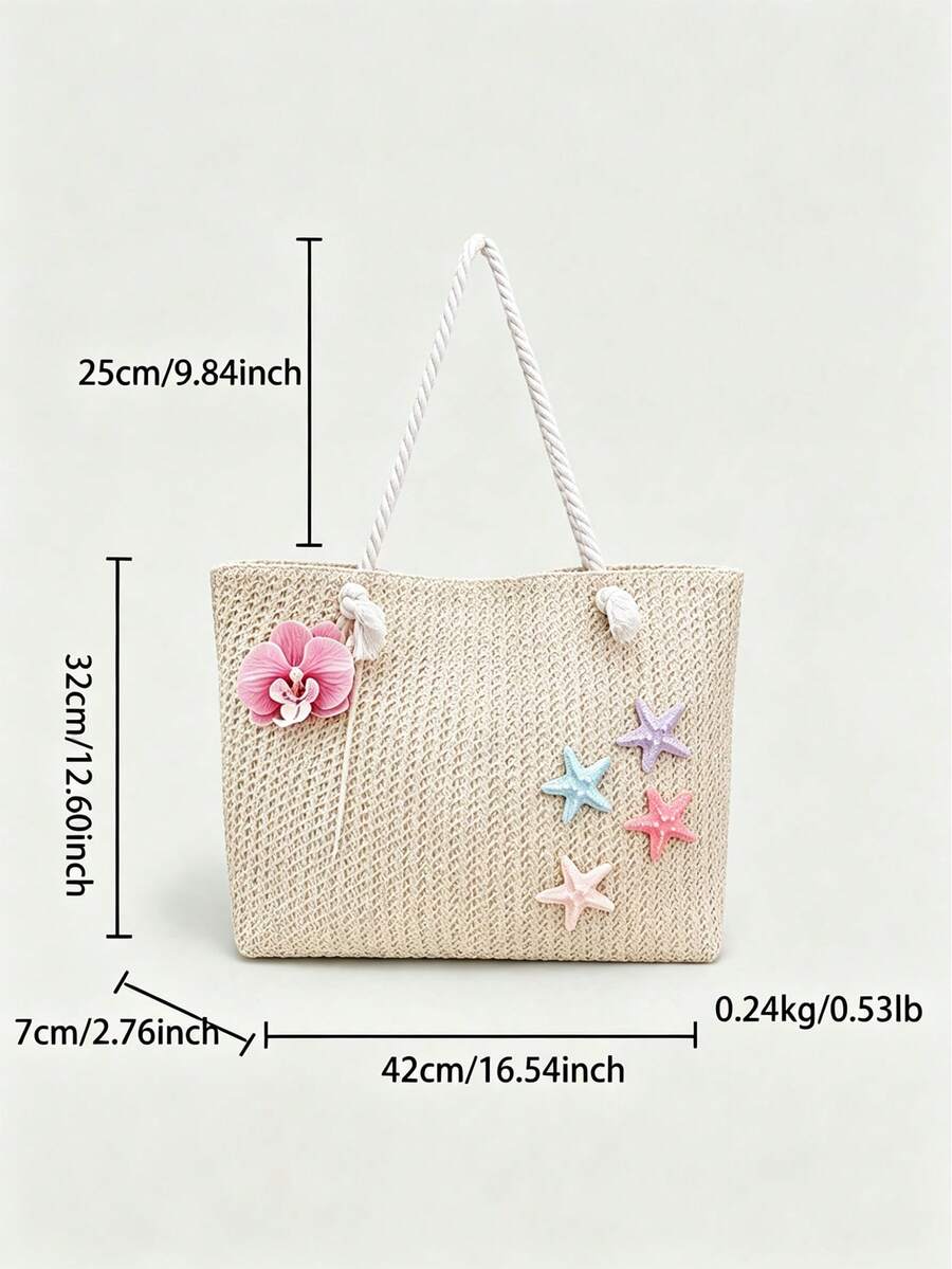 Women's Beach Tote Bag, Orchid And Starfish Decorated Straw Shoulder Bag, Suitable For Summer Vacation (Random Pendant Hook)