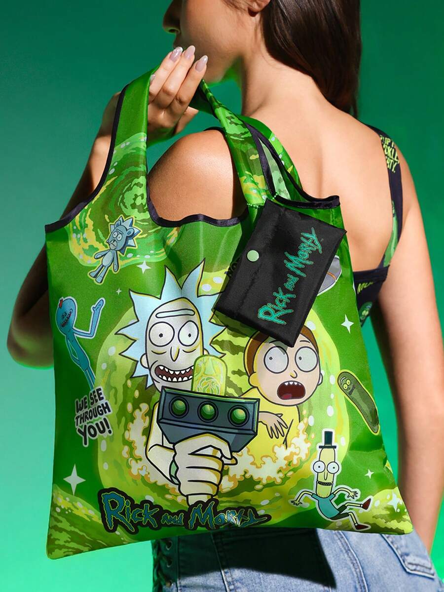 Rick and Morty X 1 Pc Sci-Fi Scientist & Boy Cartoon Themed Foldable Shopping Tote Bag, Lightweight Polyester Reusable Grocery Bag With Mini Storage Pouch & Bead Chain For Hanging, Large Capacit