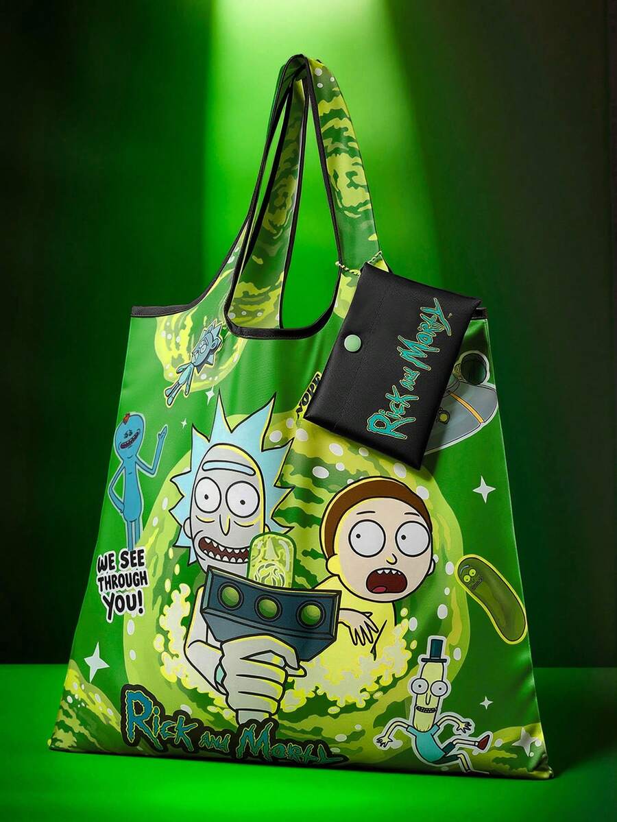 Rick and Morty X 1 Pc Sci-Fi Scientist & Boy Cartoon Themed Foldable Shopping Tote Bag, Lightweight Polyester Reusable Grocery Bag With Mini Storage Pouch & Bead Chain For Hanging, Large Capacit