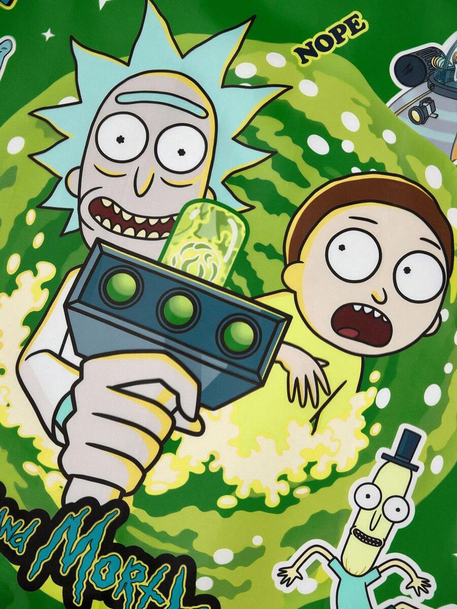 Rick and Morty X 1 Pc Sci-Fi Scientist & Boy Cartoon Themed Foldable Shopping Tote Bag, Lightweight Polyester Reusable Grocery Bag With Mini Storage Pouch & Bead Chain For Hanging, Large Capacit