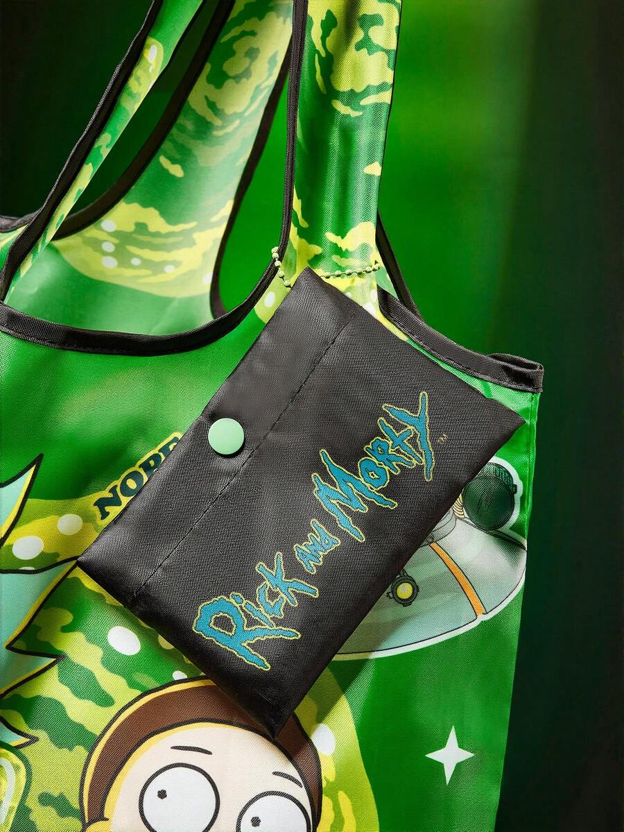 Rick and Morty X 1 Pc Sci-Fi Scientist & Boy Cartoon Themed Foldable Shopping Tote Bag, Lightweight Polyester Reusable Grocery Bag With Mini Storage Pouch & Bead Chain For Hanging, Large Capacit