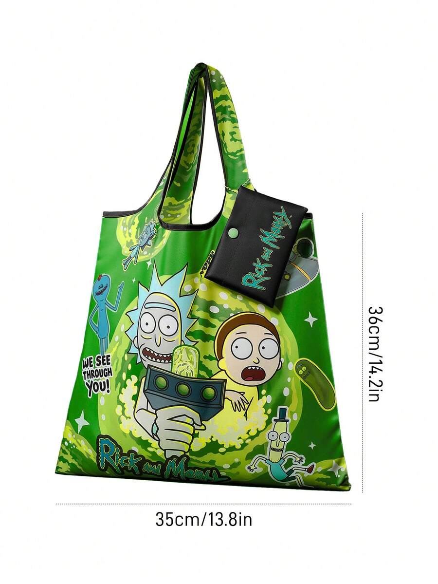 Rick and Morty X 1 Pc Sci-Fi Scientist & Boy Cartoon Themed Foldable Shopping Tote Bag, Lightweight Polyester Reusable Grocery Bag With Mini Storage Pouch & Bead Chain For Hanging, Large Capacit