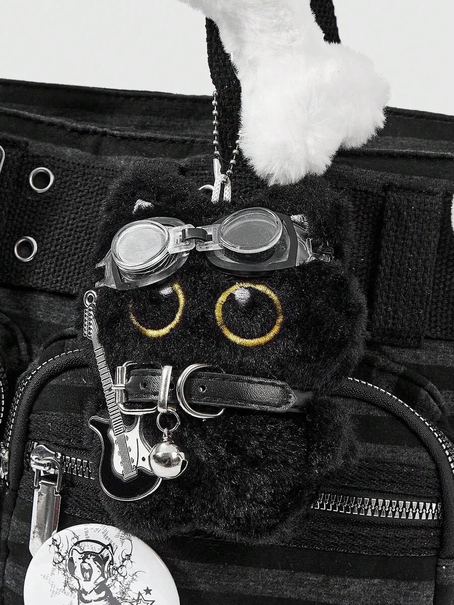 ROMWE Grunge Punk Dark Punk Academy Wind Striped Gas Eye Cross Badge Pendant Large Capacity Multi Pocket Tote Bag, Fashionable Casual Shoulder Bag, Suitable For Daily C