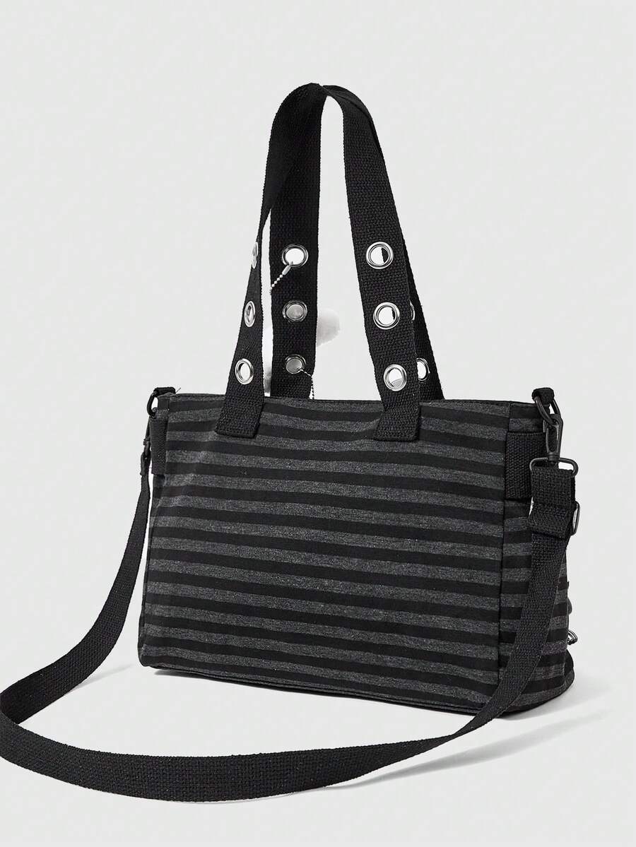 ROMWE Grunge Punk 1Pc Punk Academy Style Striped Shoulder Bag With Wing Badge Guitar Cat Pendant Large Capacity Multi-Pocket Tote Bag, Suitable For Daily Commuting