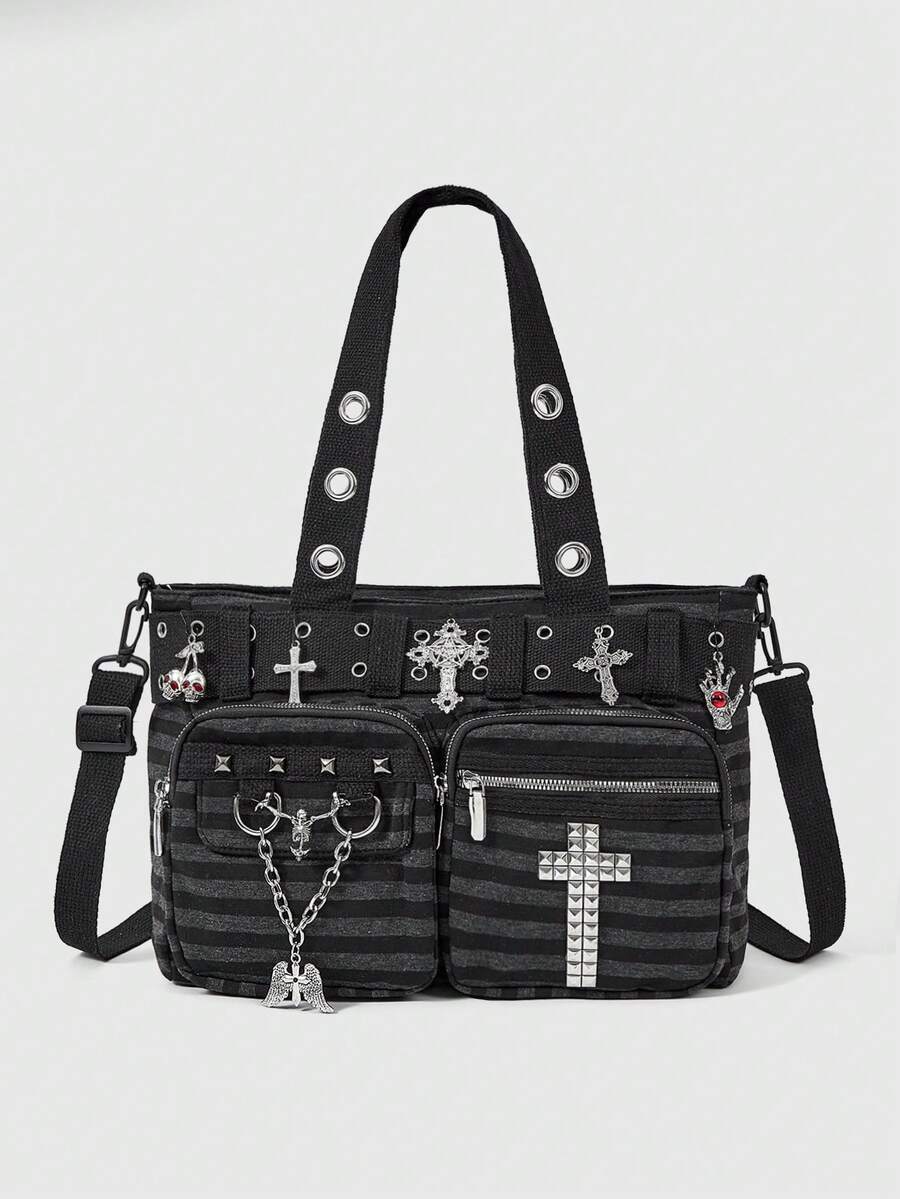 ROMWE Grunge Punk 1Pc Punk Academy Style Striped Shoulder Bag With Wing Badge Guitar Cat Pendant Large Capacity Multi-Pocket Tote Bag, Suitable For Daily Commuting