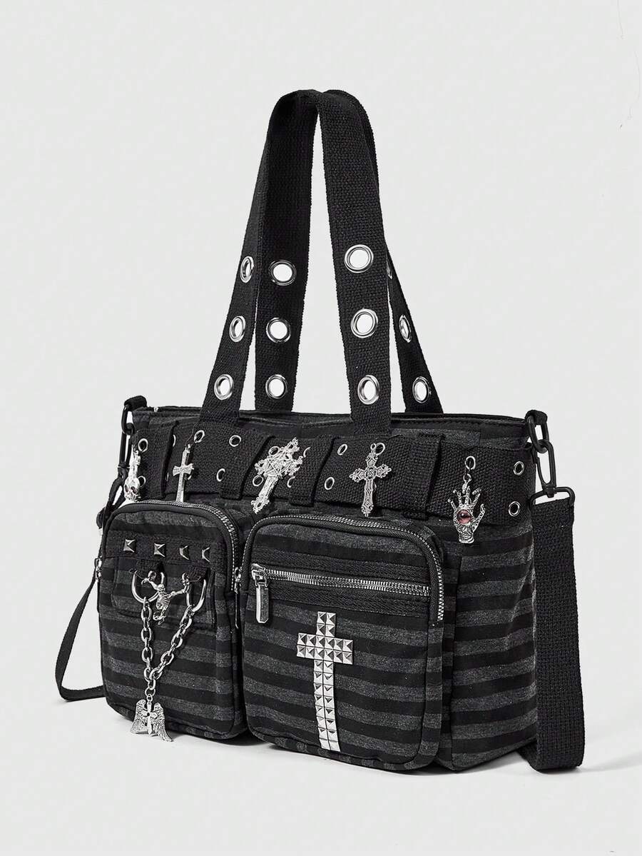 ROMWE Grunge Punk 1Pc Punk Academy Style Striped Shoulder Bag With Wing Badge Guitar Cat Pendant Large Capacity Multi-Pocket Tote Bag, Suitable For Daily Commuting