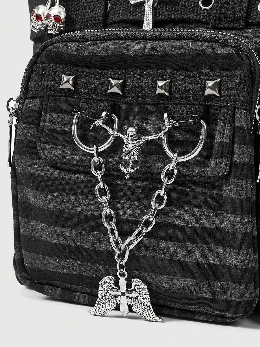 ROMWE Grunge Punk 1Pc Punk Academy Style Striped Shoulder Bag With Wing Badge Guitar Cat Pendant Large Capacity Multi-Pocket Tote Bag, Suitable For Daily Commuting