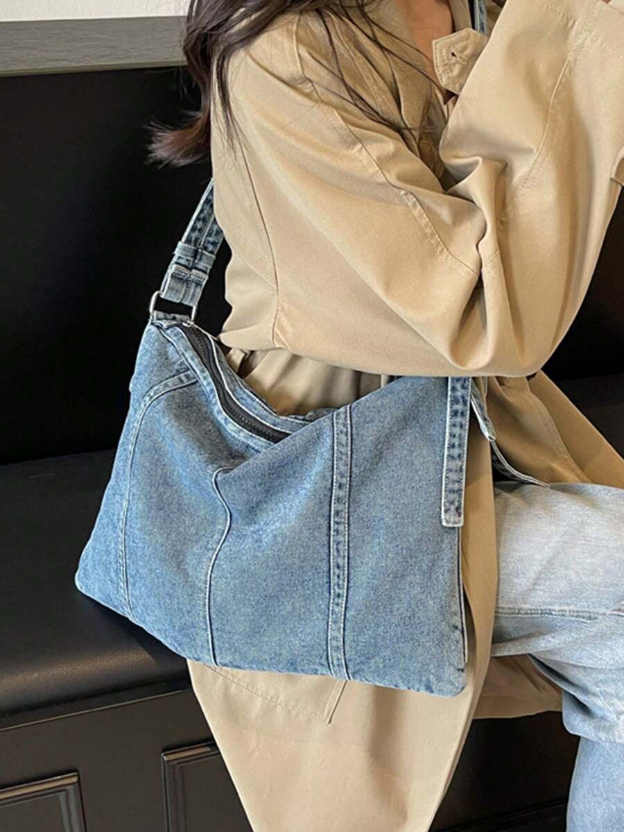 Streetwear Large Capacity Denim Handbag Heavy-Duty Shoulder Bag For Girls Soft Crossbody Bag Ideal For Shopping Beach Travel Vacation Back To School