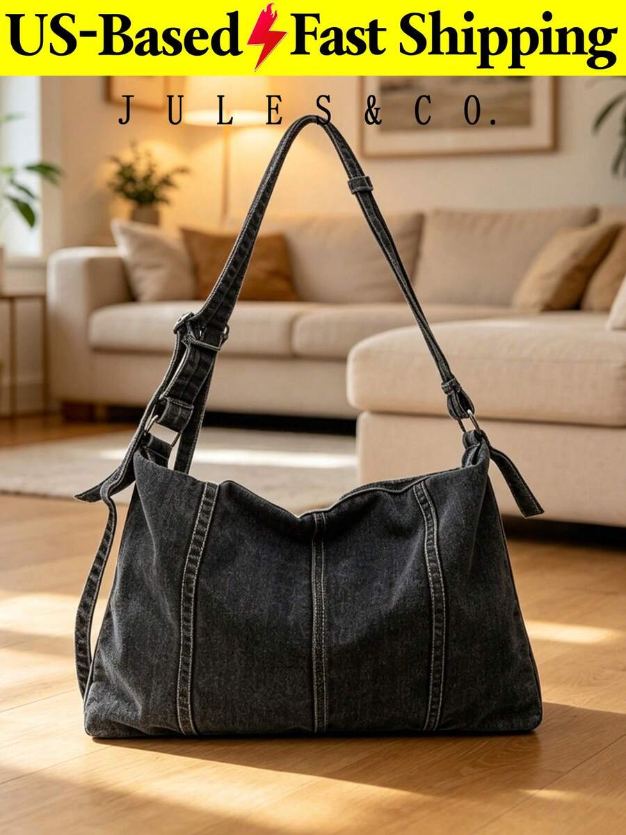 Streetwear Large Capacity Denim Handbag Heavy-Duty Shoulder Bag For Girls Soft Crossbody Bag Ideal For Shopping Beach Travel Vacation Back To School