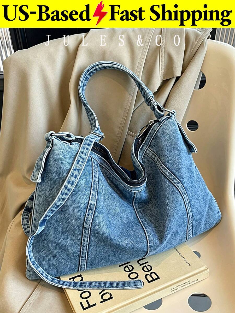 Streetwear Large Capacity Denim Handbag Heavy-Duty Shoulder Bag For Girls Soft Crossbody Bag Ideal For Shopping Beach Travel Vacation Back To School