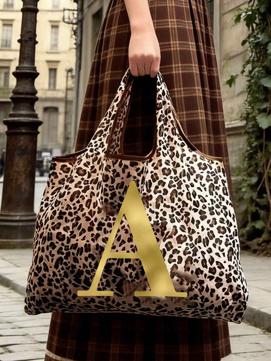 Women's Fashion Leopard Print Tote Bag, Gold Gradient Artistic Letters A-Z, Slouchy Large Capacity Handbag Shoulder Bag, Spacious Shopping Space, Easy To Fold, Sturdy Handles, Fashion Accessory, Suita
