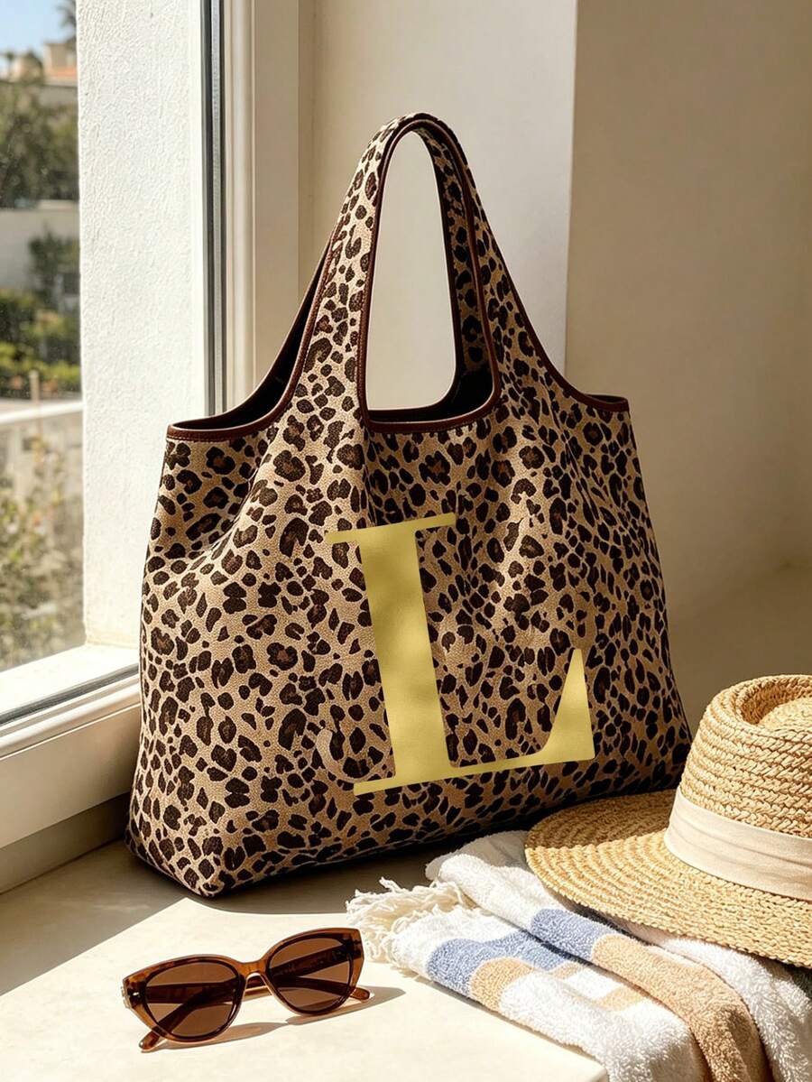 Women's Fashion Leopard Print Tote Bag, Gold Gradient Artistic Letters A-Z, Slouchy Large Capacity Handbag Shoulder Bag, Spacious Shopping Space, Easy To Fold, Sturdy Handles, Fashion Accessory, Suita
