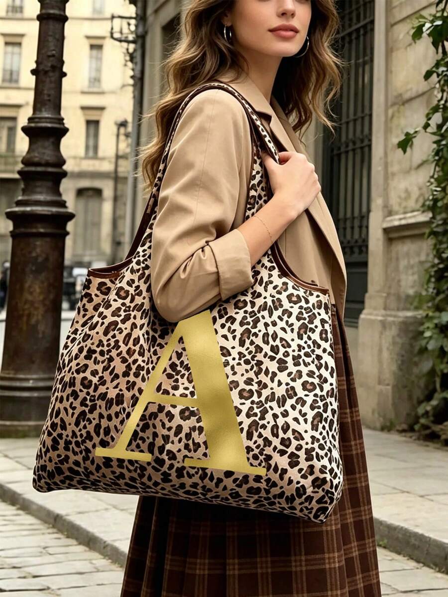 Women's Fashion Leopard Print Tote Bag, Gold Gradient Artistic Letters A-Z, Slouchy Large Capacity Handbag Shoulder Bag, Spacious Shopping Space, Easy To Fold, Sturdy Handles, Fashion Accessory, Suita
