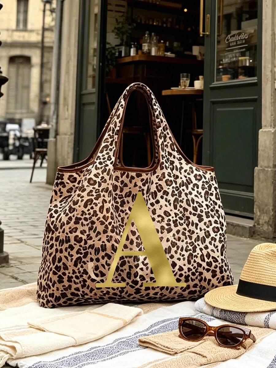 Women's Fashion Leopard Print Tote Bag, Gold Gradient Artistic Letters A-Z, Slouchy Large Capacity Handbag Shoulder Bag, Spacious Shopping Space, Easy To Fold, Sturdy Handles, Fashion Accessory, Suita