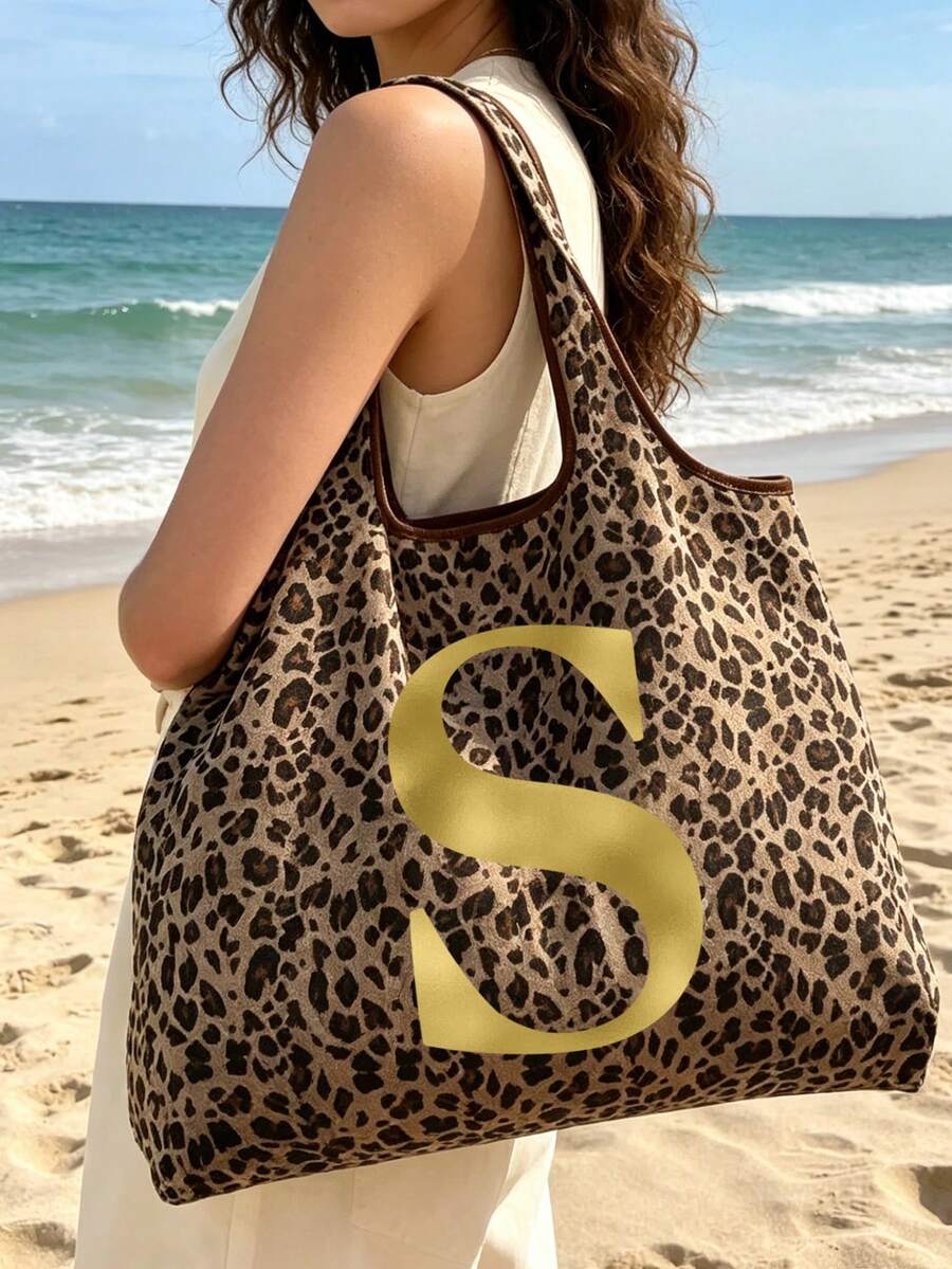 Women's Fashion Leopard Print Tote Bag, Gold Gradient Artistic Letters A-Z, Slouchy Large Capacity Handbag Shoulder Bag, Spacious Shopping Space, Easy To Fold, Sturdy Handles, Fashion Accessory, Suita