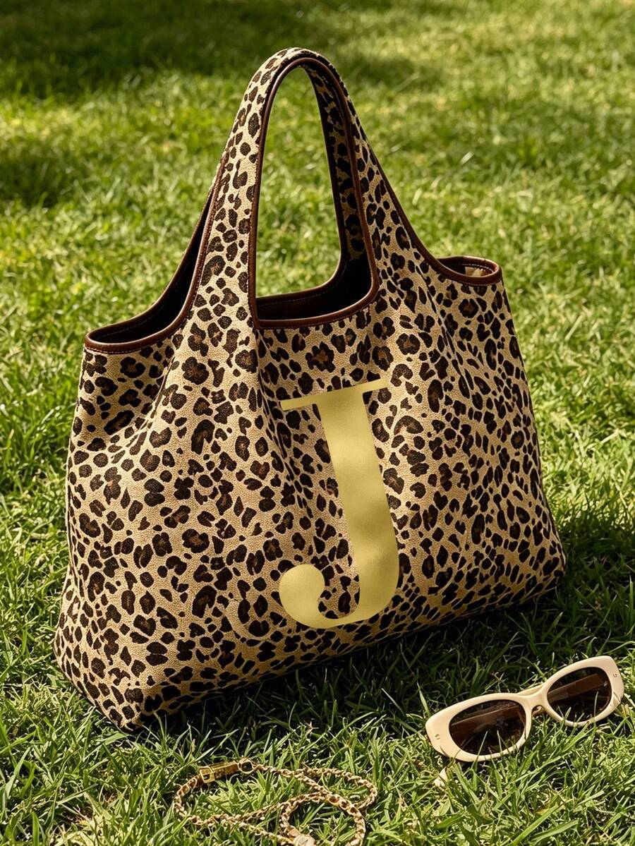 Women's Fashion Leopard Print Tote Bag, Gold Gradient Artistic Letters A-Z, Slouchy Large Capacity Handbag Shoulder Bag, Spacious Shopping Space, Easy To Fold, Sturdy Handles, Fashion Accessory, Suita
