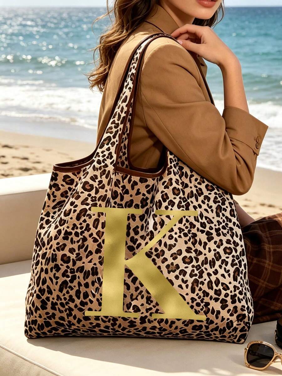 Women's Fashion Leopard Print Tote Bag, Gold Gradient Artistic Letters A-Z, Slouchy Large Capacity Handbag Shoulder Bag, Spacious Shopping Space, Easy To Fold, Sturdy Handles, Fashion Accessory, Suita