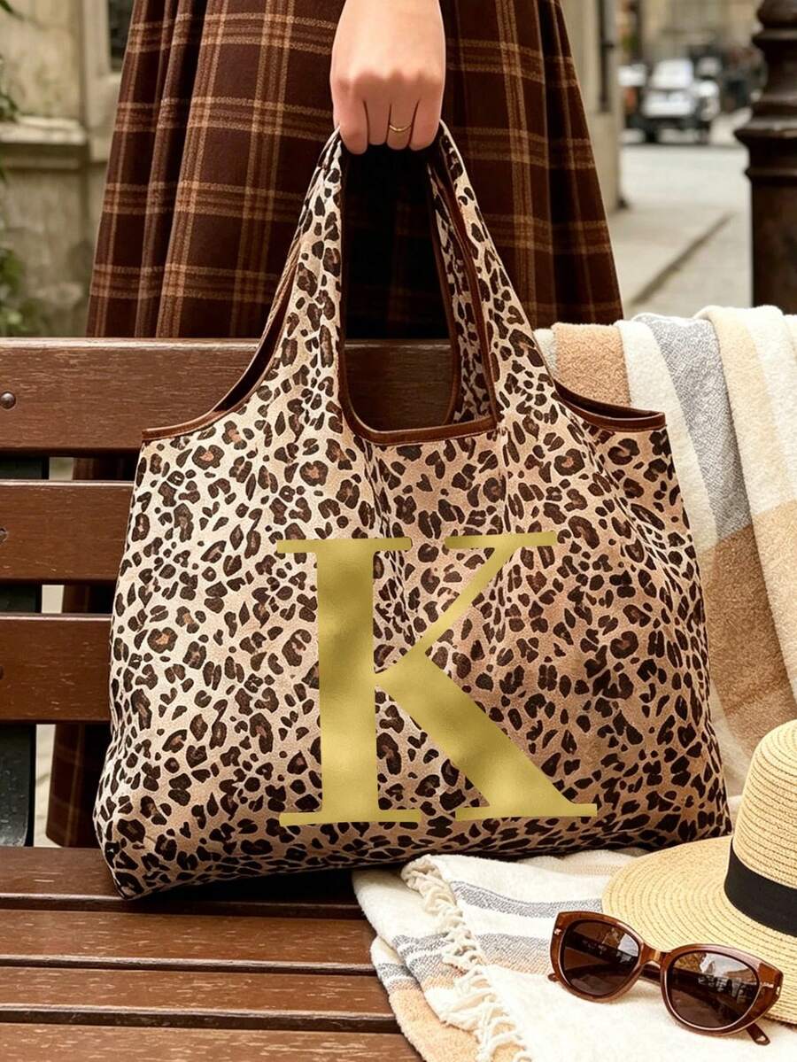 Women's Fashion Leopard Print Tote Bag, Gold Gradient Artistic Letters A-Z, Slouchy Large Capacity Handbag Shoulder Bag, Spacious Shopping Space, Easy To Fold, Sturdy Handles, Fashion Accessory, Suita