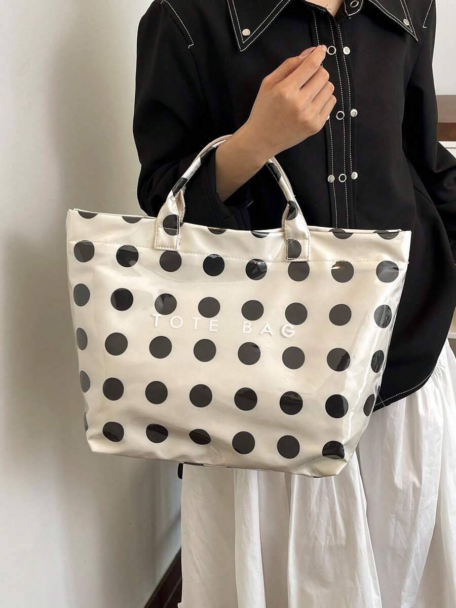 Summer New Polka Dot Color Block Design Women's Tote Bag, Fashionable Minimalist Waterproof PVC Handbag/Vacation Bag