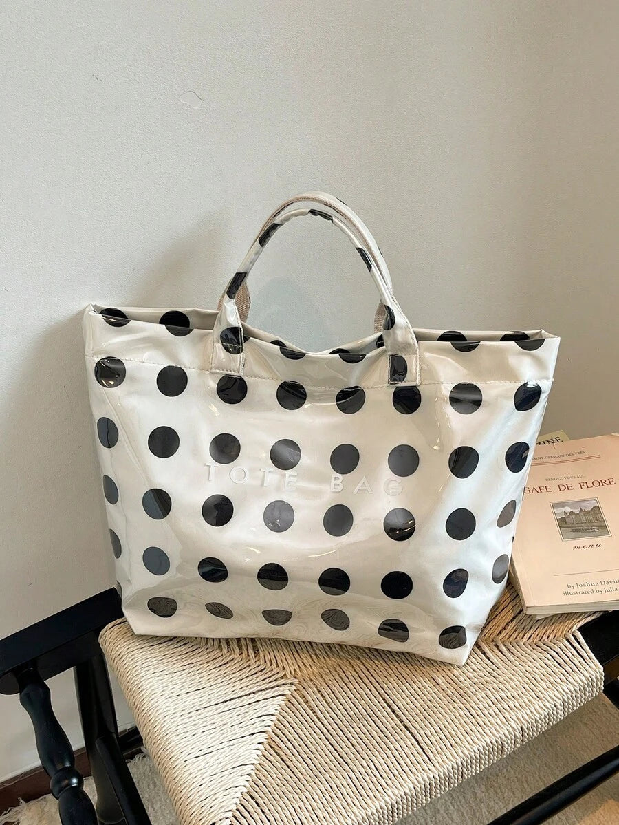 Summer New Polka Dot Color Block Design Women's Tote Bag, Fashionable Minimalist Waterproof PVC Handbag/Vacation Bag
