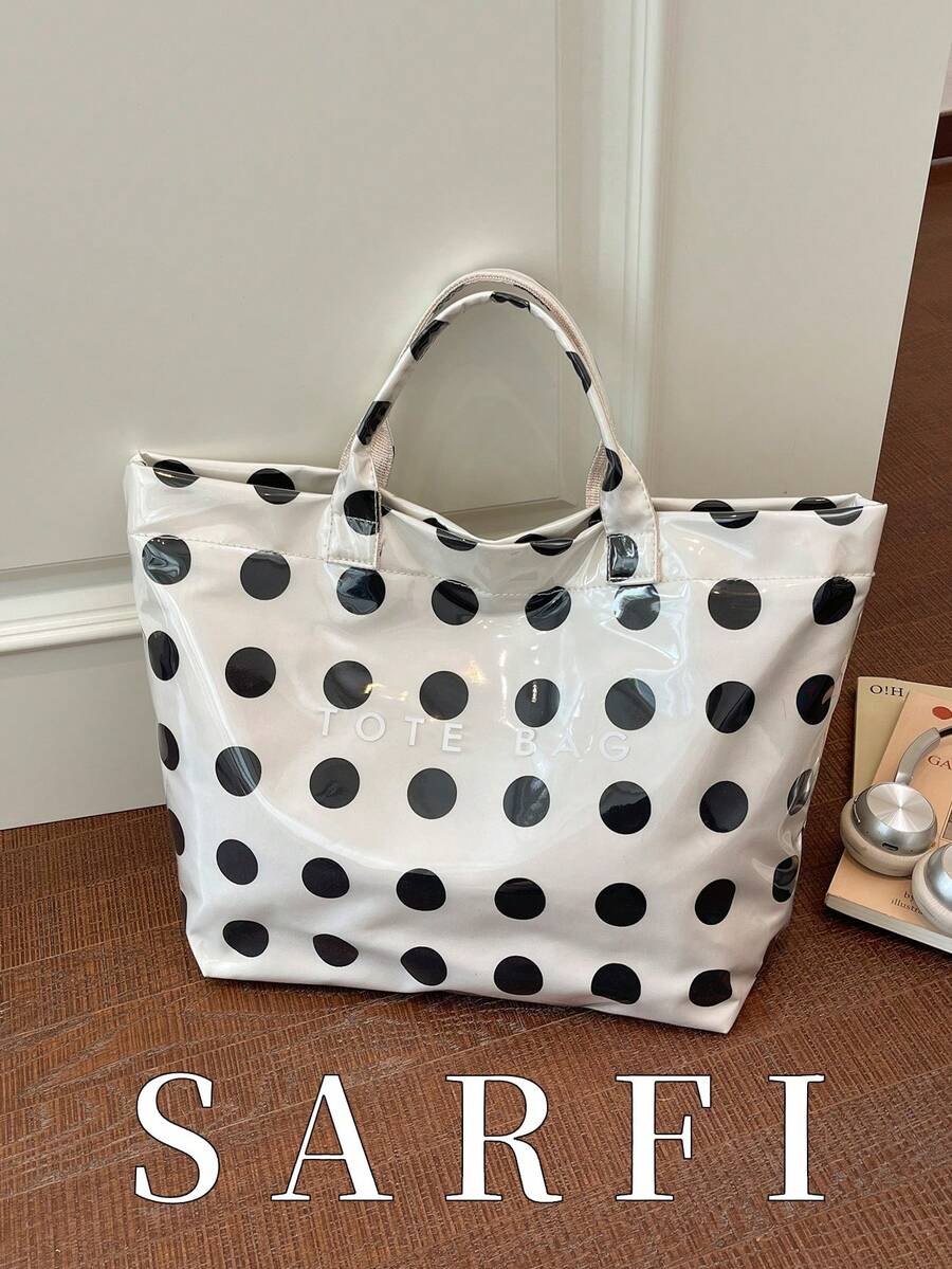 Summer New Polka Dot Color Block Design Women's Tote Bag, Fashionable Minimalist Waterproof PVC Handbag/Vacation Bag