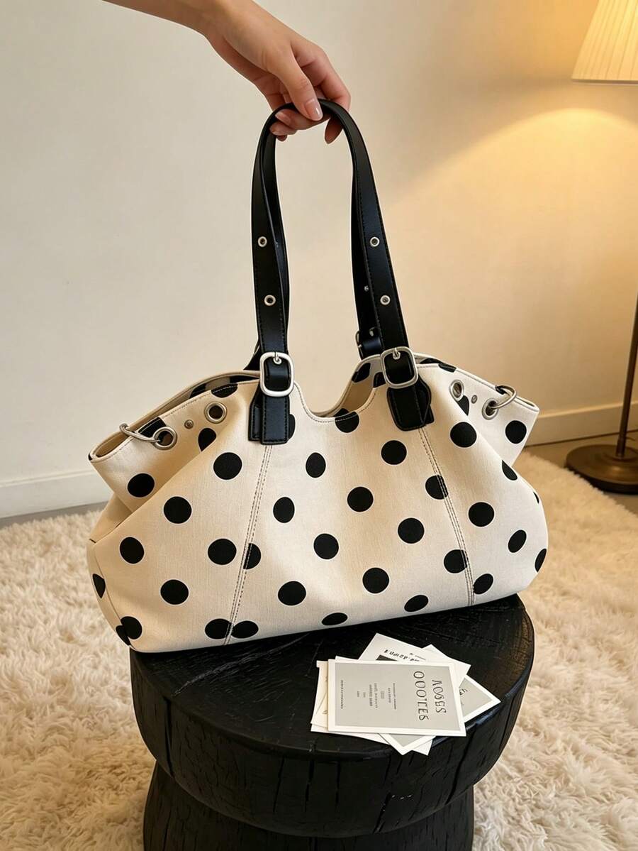 1PC Summer New Women's City Street Style Design Shoulder Underarm Large Capacity Tote Bag, Handbag, Shoulder Bag, Polka Dot Casual Fabric Bag, Handle Rivet Inlaid Hollow Design, Elegant Versatile Suit