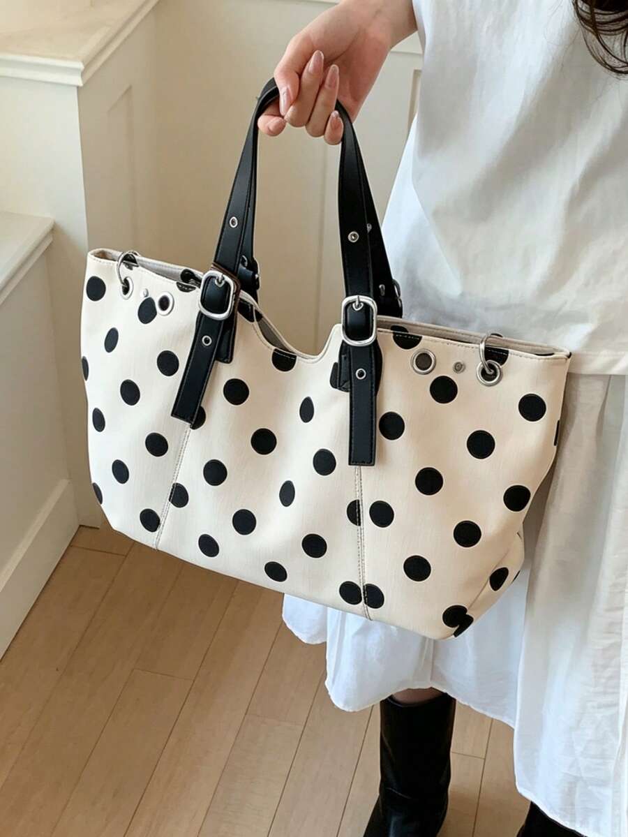 1PC Summer New Women's City Street Style Design Shoulder Underarm Large Capacity Tote Bag, Handbag, Shoulder Bag, Polka Dot Casual Fabric Bag, Handle Rivet Inlaid Hollow Design, Elegant Versatile Suit