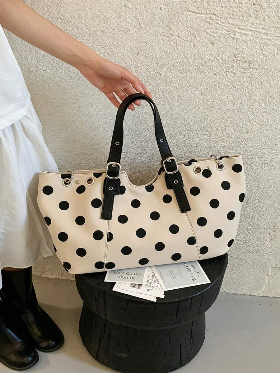 1PC Summer New Women's City Street Style Design Shoulder Underarm Large Capacity Tote Bag, Handbag, Shoulder Bag, Polka Dot Casual Fabric Bag, Handle Rivet Inlaid Hollow Design, Elegant Versatile Suit