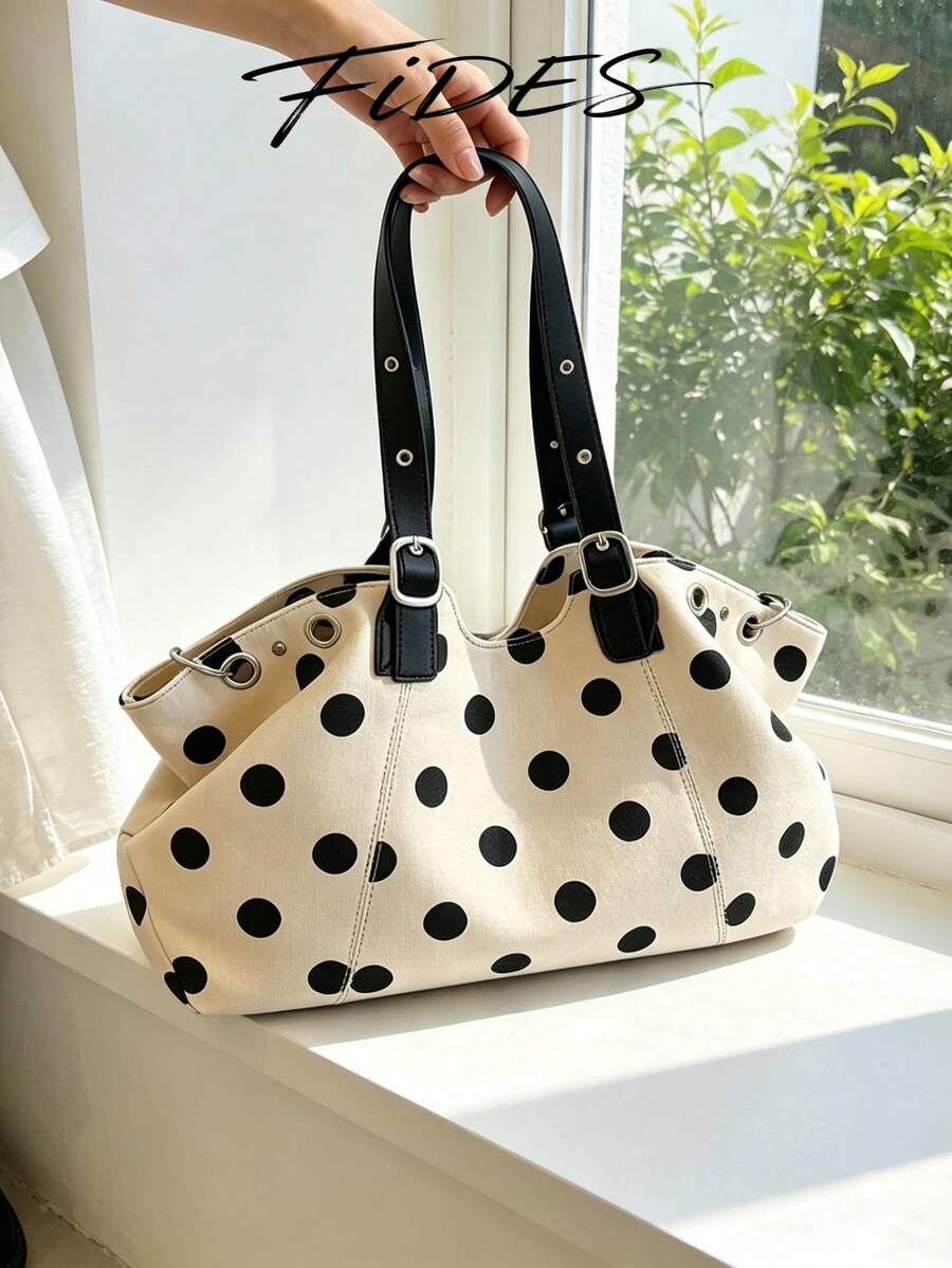 1PC Summer New Women's City Street Style Design Shoulder Underarm Large Capacity Tote Bag, Handbag, Shoulder Bag, Polka Dot Casual Fabric Bag, Handle Rivet Inlaid Hollow Design, Elegant Versatile Suit