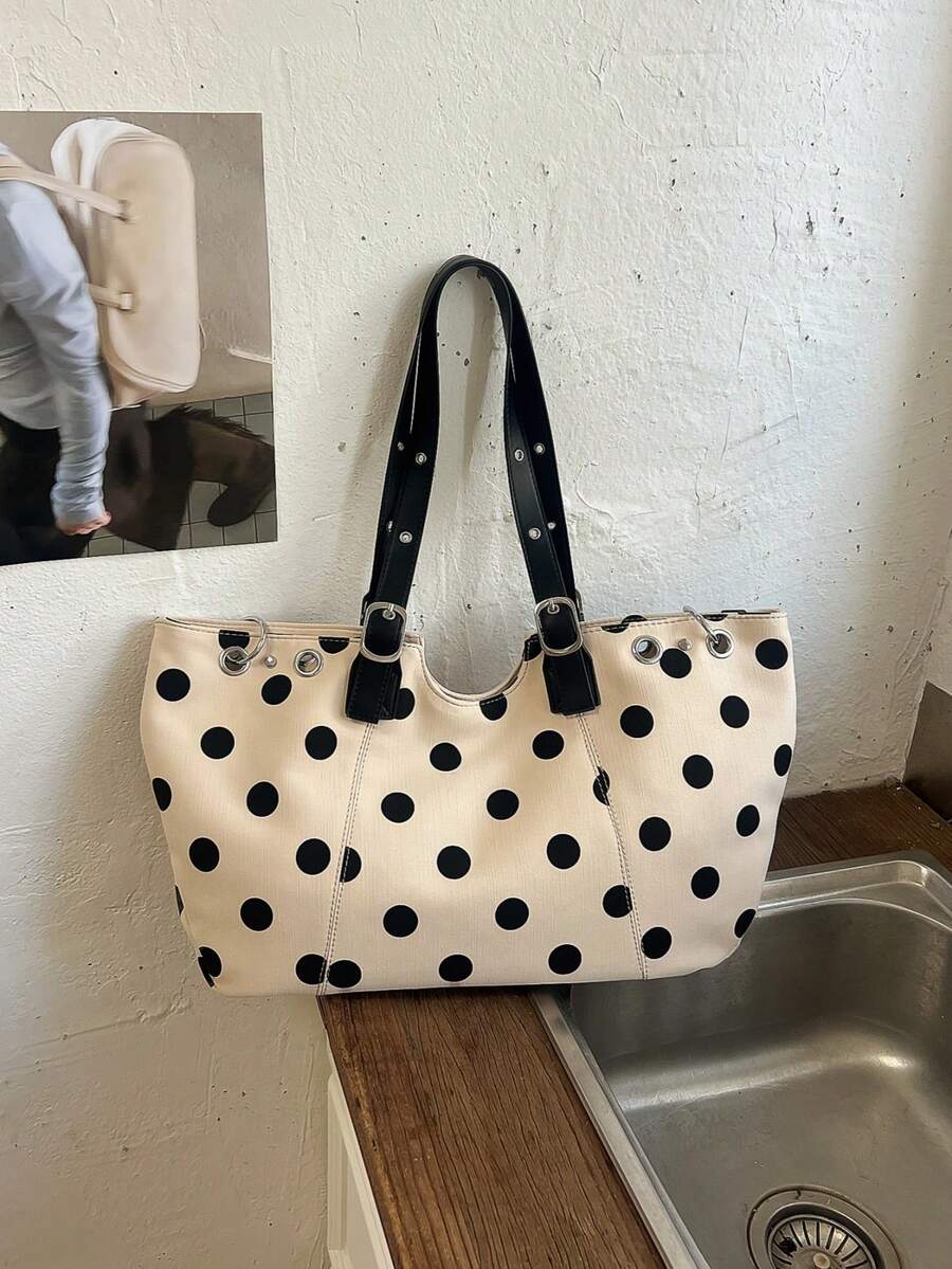 1PC Summer New Women's City Street Style Design Shoulder Underarm Large Capacity Tote Bag, Handbag, Shoulder Bag, Polka Dot Casual Fabric Bag, Handle Rivet Inlaid Hollow Design, Elegant Versatile Suit