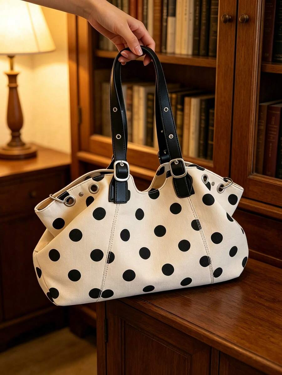 1PC Summer New Women's City Street Style Design Shoulder Underarm Large Capacity Tote Bag, Handbag, Shoulder Bag, Polka Dot Casual Fabric Bag, Handle Rivet Inlaid Hollow Design, Elegant Versatile Suit
