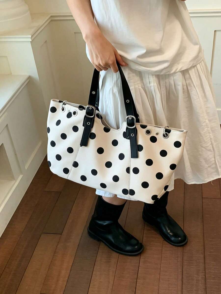 1PC Summer New Women's City Street Style Design Shoulder Underarm Large Capacity Tote Bag, Handbag, Shoulder Bag, Polka Dot Casual Fabric Bag, Handle Rivet Inlaid Hollow Design, Elegant Versatile Suit