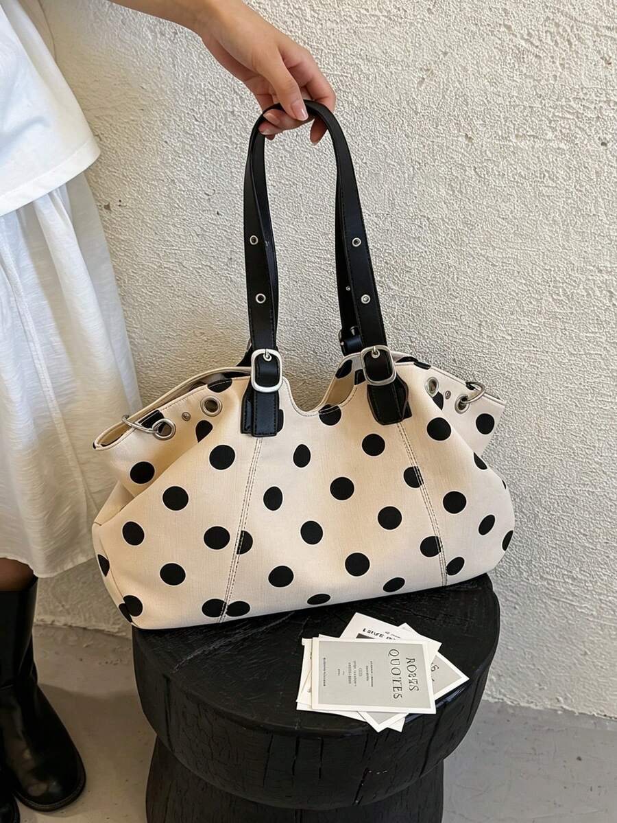 1PC Summer New Women's City Street Style Design Shoulder Underarm Large Capacity Tote Bag, Handbag, Shoulder Bag, Polka Dot Casual Fabric Bag, Handle Rivet Inlaid Hollow Design, Elegant Versatile Suit