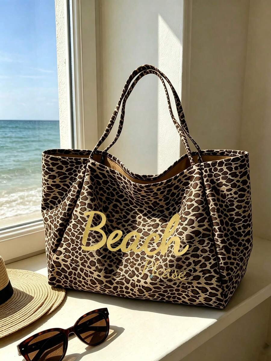 Large Capacity Leopard Print Beach Tote Bag With BEACH Pattern, Fashionable Shoulder Bag, Leopard Print Cosmetic Bag, Coin Purse, Foldable Handbag, Summer Essential Travel Bag, Ideal For Beach Trips