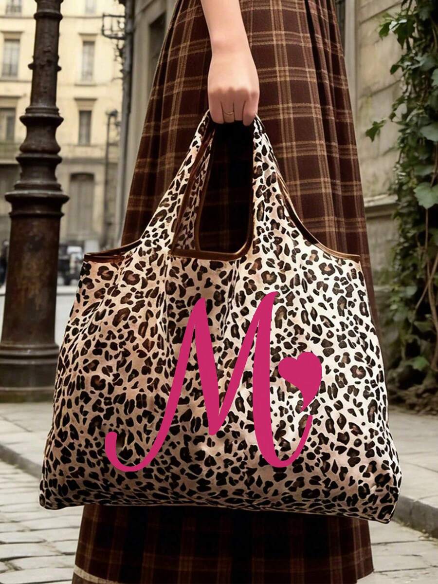 Women's Fashion Leopard Print Tote Bag, Fuchsia Artistic Letter A-Z, Slouchy Large Capacity Handbag Shoulder Bag, Spacious Shopping Space, Easy To Fold, Sturdy Handle, Fashion Accessory, Suitable For