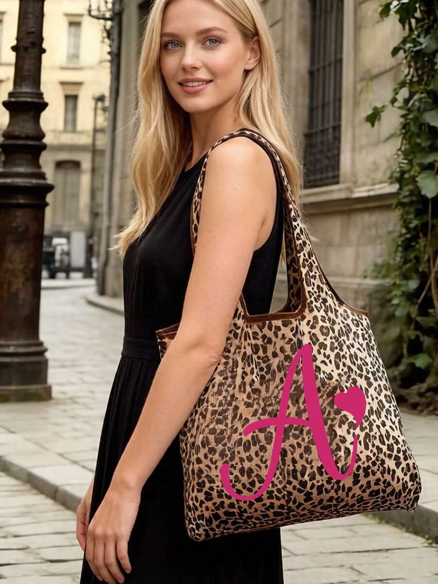 Women's Fashion Leopard Print Tote Bag, Fuchsia Artistic Letter A-Z, Slouchy Large Capacity Handbag Shoulder Bag, Spacious Shopping Space, Easy To Fold, Sturdy Handle, Fashion Accessory, Suitable For