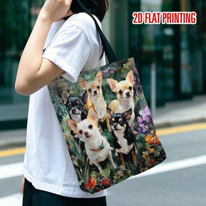 1pc Chihuahua Dog Tote Bag, Floral Print, 2D Flat Print Handbag For School