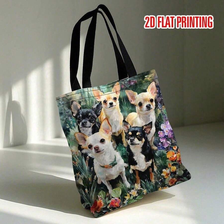 1pc Chihuahua Dog Tote Bag, Floral Print, 2D Flat Print Handbag For School, Travel, Commute, Dog Lover Gift, Off Campus Essentials