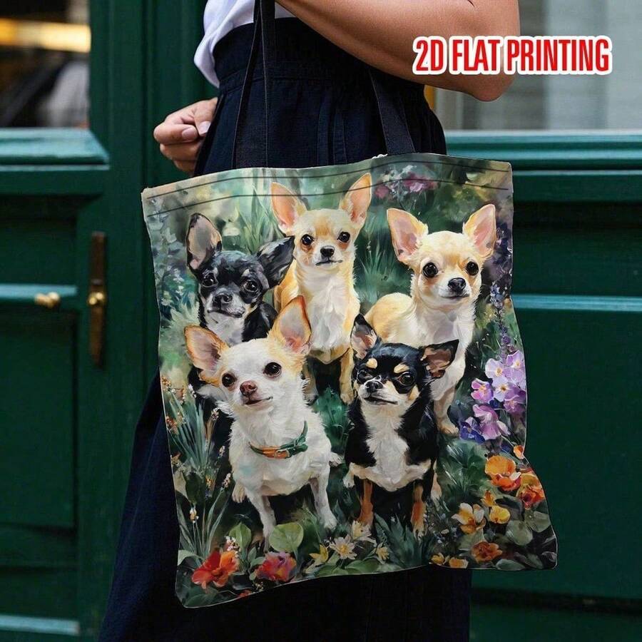 1pc Chihuahua Dog Tote Bag, Floral Print, 2D Flat Print Handbag For School, Travel, Commute, Dog Lover Gift, Off Campus Essentials