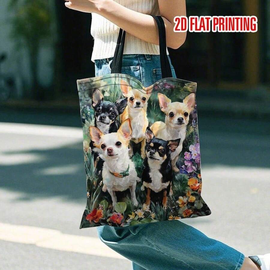1pc Chihuahua Dog Tote Bag, Floral Print, 2D Flat Print Handbag For School, Travel, Commute, Dog Lover Gift, Off Campus Essentials
